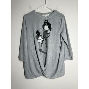Kiss & Fly Bohemian Rhinestone Trim Women’s Sweater 3/4 Sleeve Gray Black Sz PL